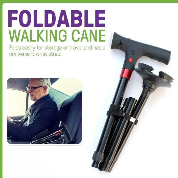 Premium Collapsible Telescopic Cane with LED Light & Alarm – Adjustable Elder Walking Stick with 4-Feet Base for Stability, 
