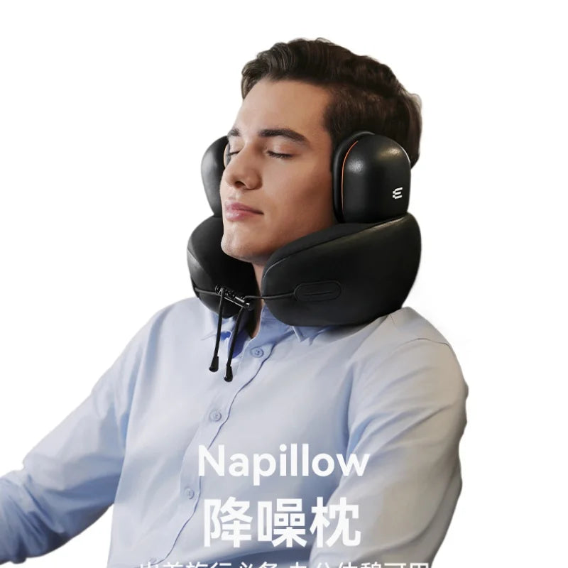 Premium U-Shaped Travel Neck Pillow – Noise Cancelling Memory Foam – Breathable Skin-Friendly Fabric – Detachable Earmuffs
