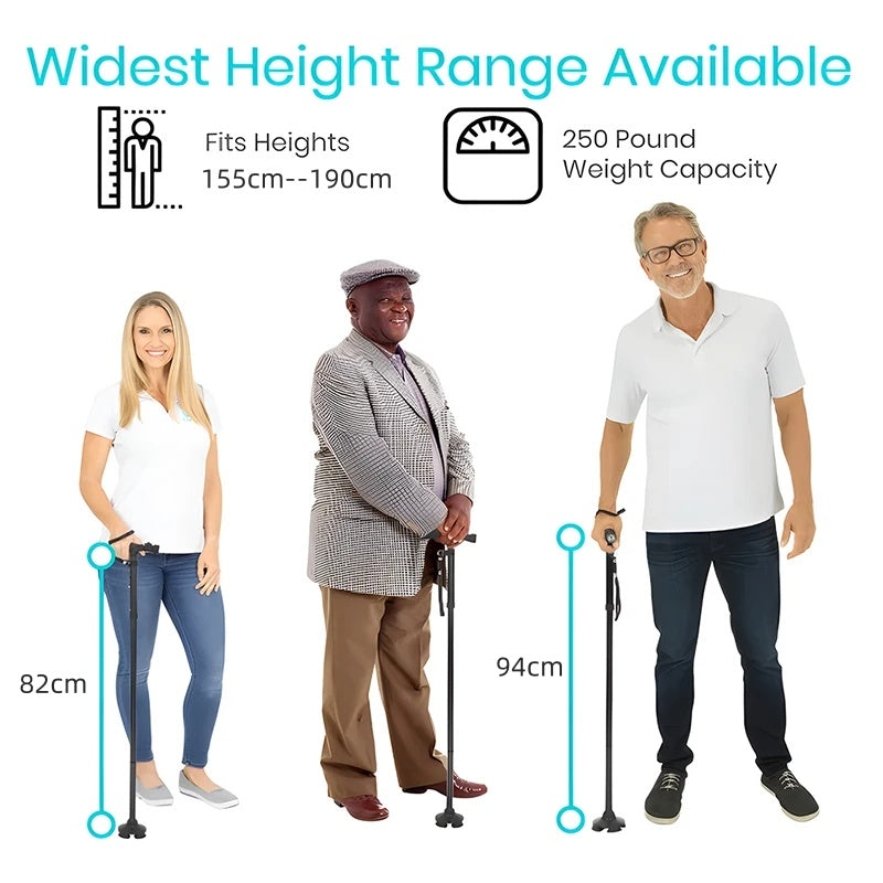 Premium Collapsible Telescopic Cane with LED Light & Alarm – Adjustable Elder Walking Stick with 4-Feet Base for Stability, 