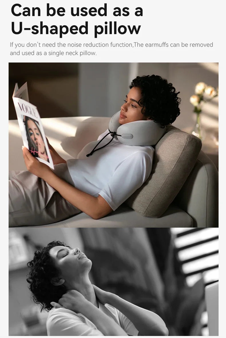 Premium U-Shaped Travel Neck Pillow – Noise Cancelling Memory Foam – Breathable Skin-Friendly Fabric – Detachable Earmuffs