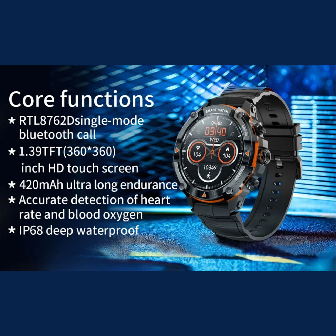 Premium Military-Grade Smartwatch for Men – 1.43'' AMOLED Display, Bluetooth Calling, Waterproof, Fitness Tracker, 420mAh Battery, Health Monitoring, Multiple Sport Modes, Heart Rate & SpO2 Monitoring - StrengthXPhysiotherapy