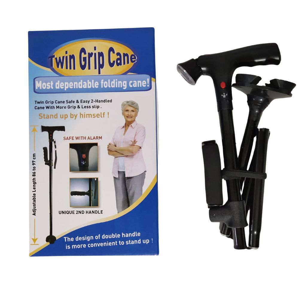 Premium Collapsible Telescopic Cane with LED Light & Alarm – Adjustable Elder Walking Stick with 4-Feet Base for Stability, 