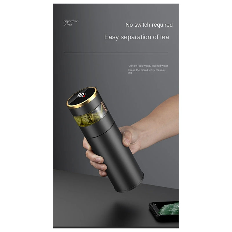 Premium Stainless Steel Tea Infuser Thermos with LED Temperature Display – 450ML Insulated Coffee Mug with Tea Separation, 