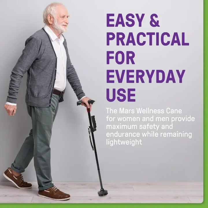 Premium Collapsible Telescopic Cane with LED Light & Alarm – Adjustable Elder Walking Stick with 4-Feet Base for Stability, 