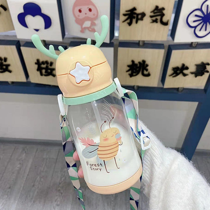 Premium Kids Antler Straw Water Bottle – Large Capacity, High-Quality Plastic, Leak-Proof Design, Cute Deer-Inspired Look, 
