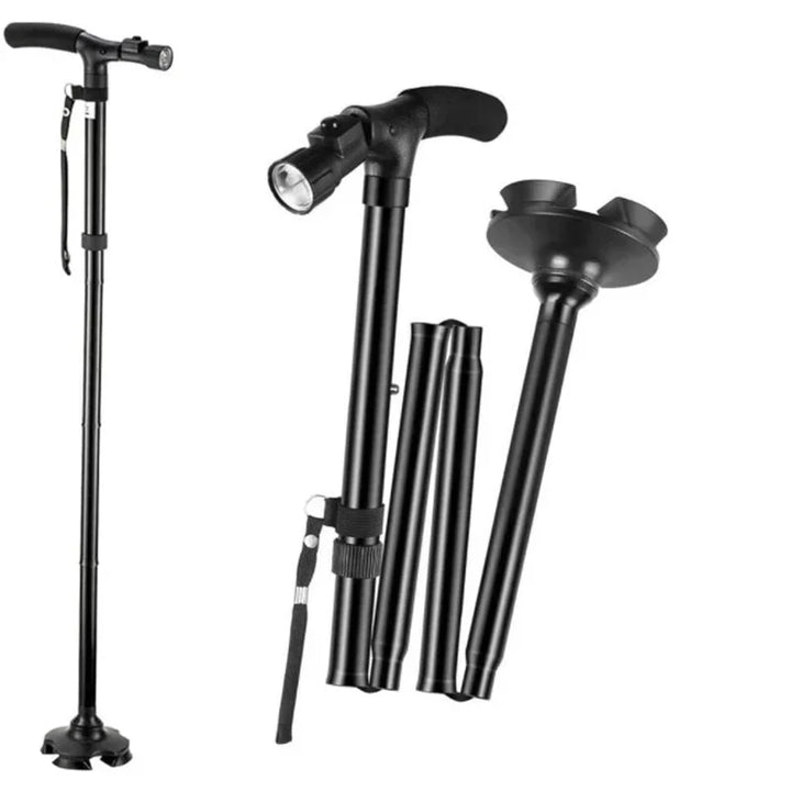 Premium Collapsible Telescopic Elder Cane – LED Walking Stick, Adjustable Folding Crutch for Seniors, Shock Absorber System, 