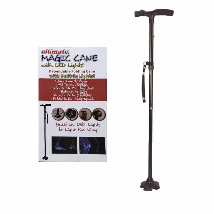 Premium Collapsible Telescopic Cane with LED Light & Alarm – Adjustable Elder Walking Stick with 4-Feet Base for Stability, 