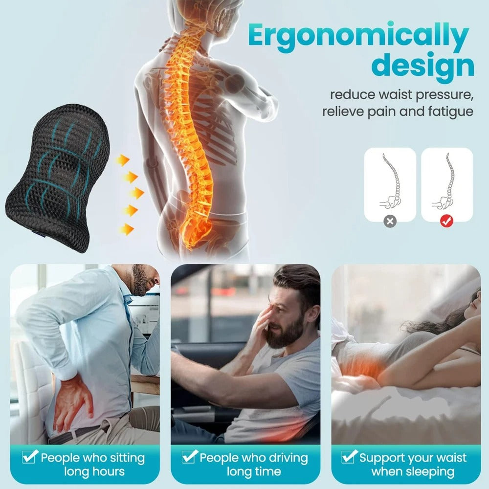 Premium Lumbar Support Pillow – Memory Foam Back Cushion for Car Seat & Office Chair – Ergonomic Waist Pillow for Lower Back Pain Relief, Breathable Removable Cover - StrengthXPhysiotherapy