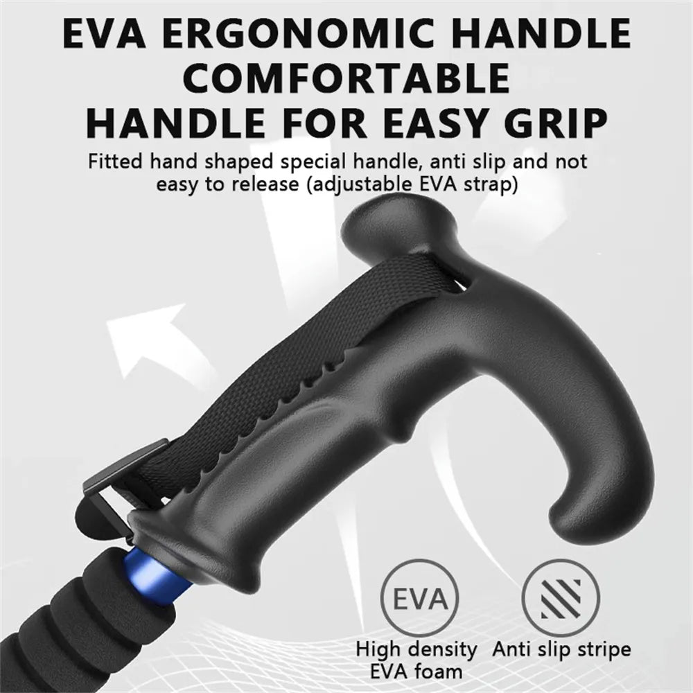 Premium Portable Folding Trekking Pole – Lightweight Alloy Shaft, Carbon Tungsten Steel Tip, Adjustable T-Handle, 4-Section 