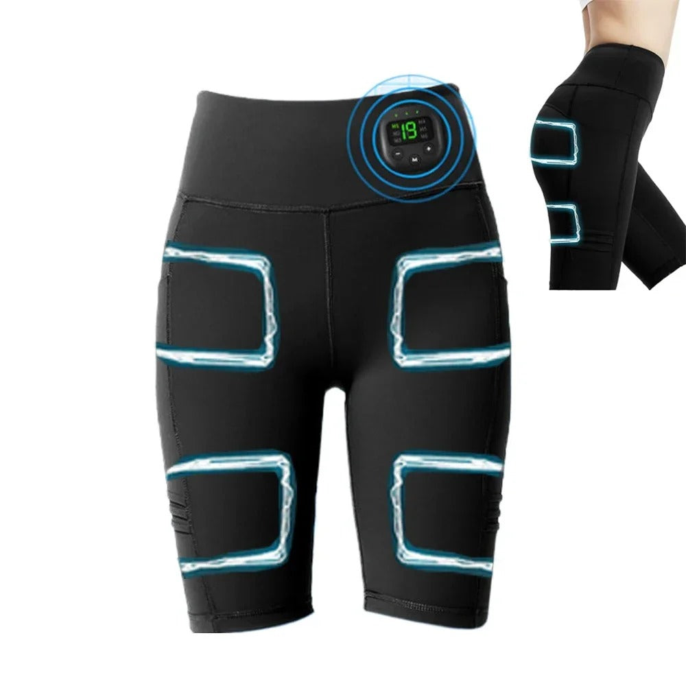 Black electronic compression shorts with digital display and arm sleeves on a white background