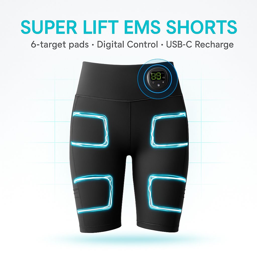 Black EMS shorts with digital display and blue glowing lines on a white background