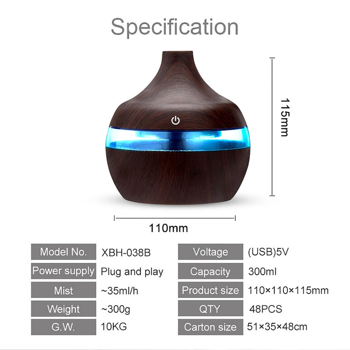 Premium 7-Color LED Aroma Diffuser & USB Humidifier – 300ml Wood Grain Essential Oil Vaporizer for Home, Room, Office