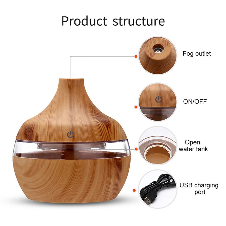 Premium 7-Color LED Aroma Diffuser & USB Humidifier – 300ml Wood Grain Essential Oil Vaporizer for Home, Room, Office