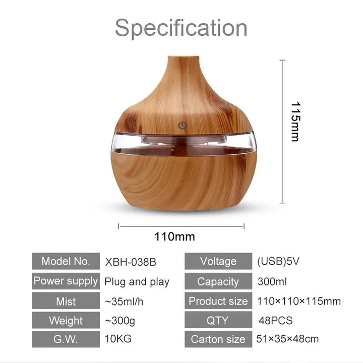 Premium 7-Color LED Aroma Diffuser & USB Humidifier – 300ml Wood Grain Essential Oil Vaporizer for Home, Room, Office