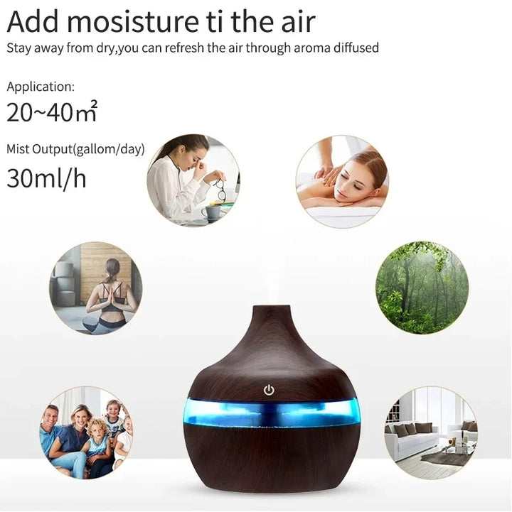 Premium 7-Color LED Aroma Diffuser & USB Humidifier – 300ml Wood Grain Essential Oil Vaporizer for Home, Room, Office
