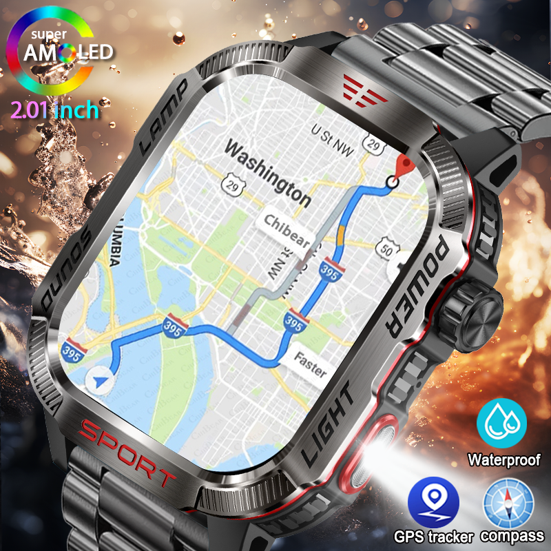 Premium GPS Smartwatch for Men – 2.01" HD Display, Waterproof, Bluetooth Calling, Compass, Flashlight, Fitness Tracker, 600m 