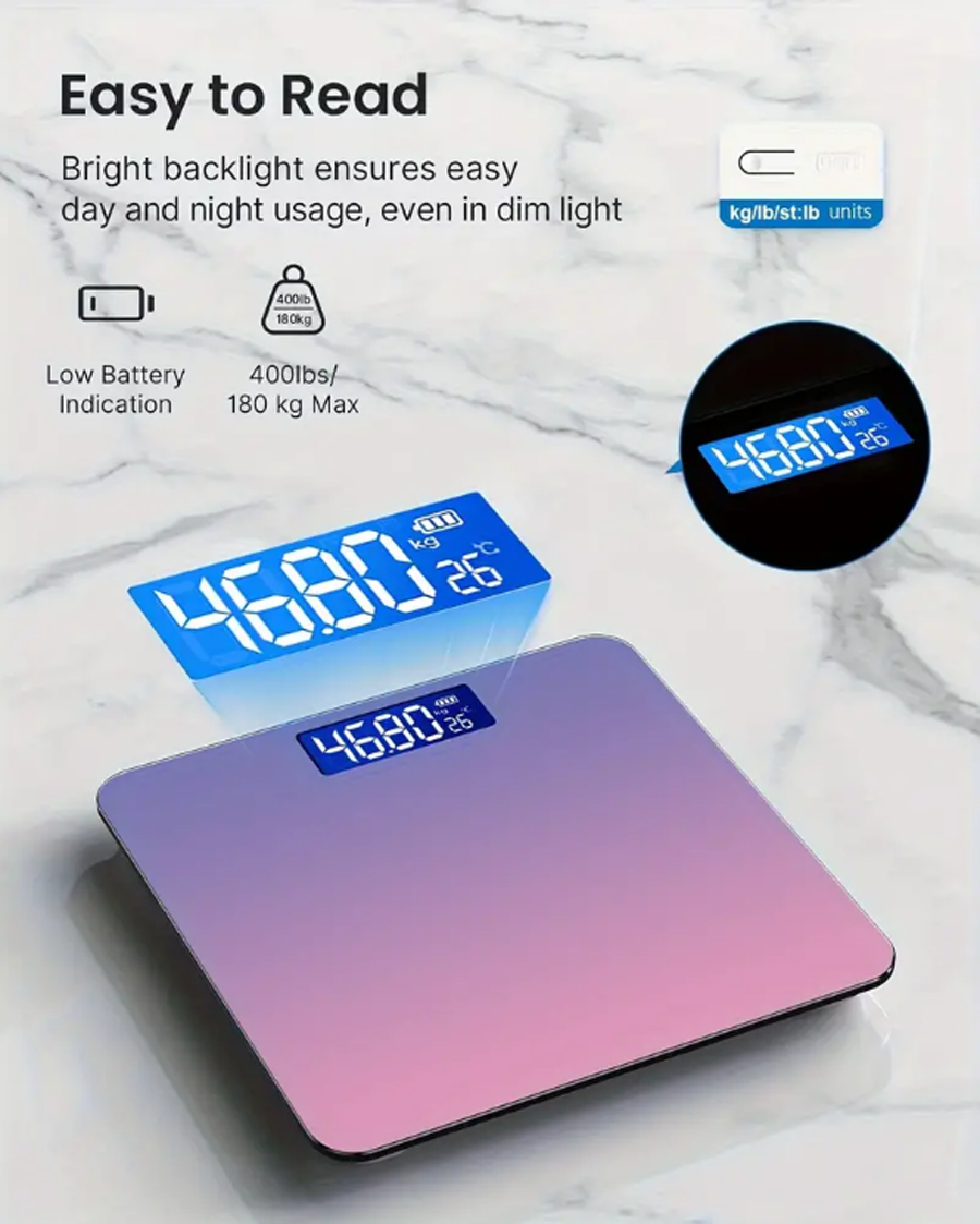 Premium Gradient Color Intelligent LCD Electronic Scale – Digital Display Glass Weight Scale, Accurate 0.2-180kg Measurement,