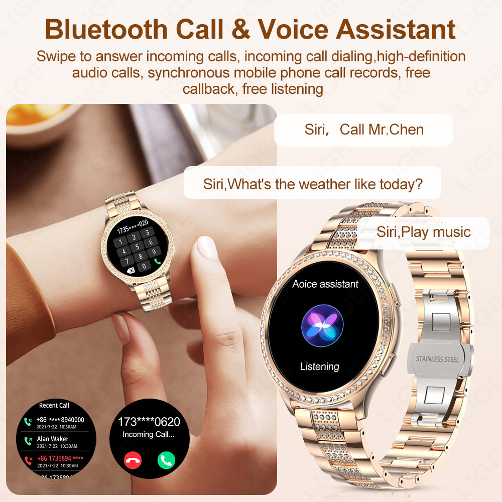 Premium Fashion Smartwatch for Women, 1.04" AMOLED Screen, Bluetooth Call, Metal Body, IP68 Waterproof, Heart Rate, Music 