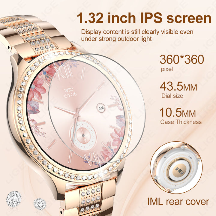 Premium Fashion Smartwatch for Women, 1.04" AMOLED Screen, Bluetooth Call, Metal Body, IP68 Waterproof, Heart Rate, Music 