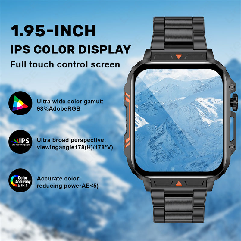 Premium Outdoor Military Smartwatch for Men - Bluetooth Calling, IP68 Waterproof, 100+ Sports Modes, 1.95-inch Display, Heart