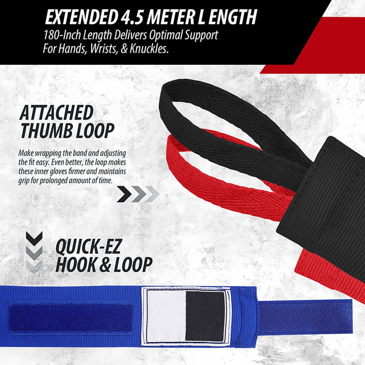 Premium Boxing Hand Wraps Inner Gloves – 180 Inch Elasticated Bandages with Thumb Loop, Wrist Protection for MMA, Muay Thai, Kickboxing, and Combat Sports - StrengthXPhysiotherapy