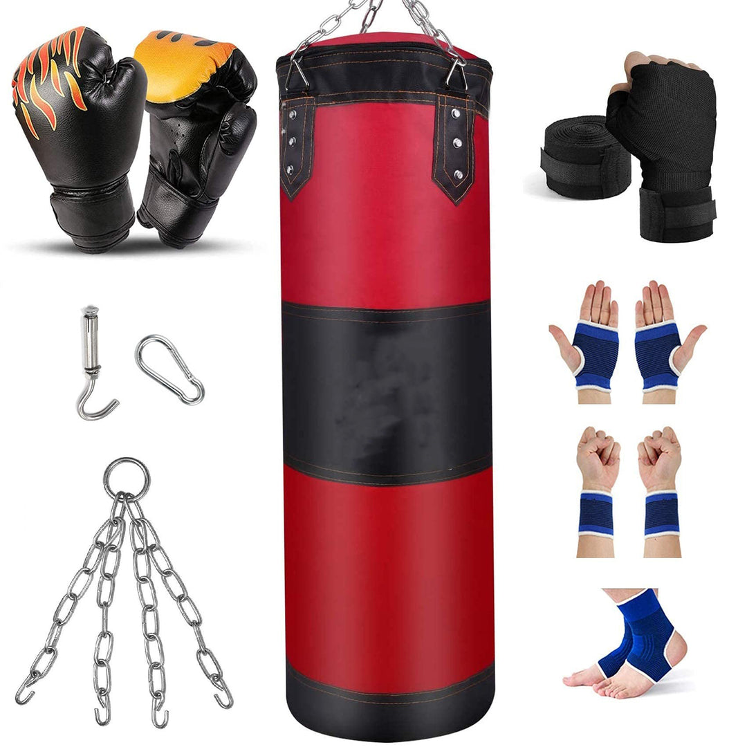 Premium Heavy Punching Sandbag – Durable Boxing Bag with Metal Chain Hook – Kick, Karate, Taekwondo Training – Includes Boxing Gloves, Wrist & Foot Guards, Shock-Absorbing Foam - StrengthXPhysiotherapy