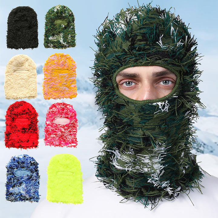 Premium Hip Hop Balaclava Beanie – Distressed Knit Ski Mask for Women, Camouflage Fuzzy Full Face Ski Hat, Outdoor Winter 