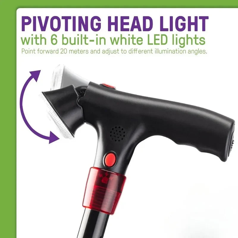 Premium Collapsible Telescopic Cane with LED Light & Alarm – Adjustable Elder Walking Stick with 4-Feet Base for Stability, 