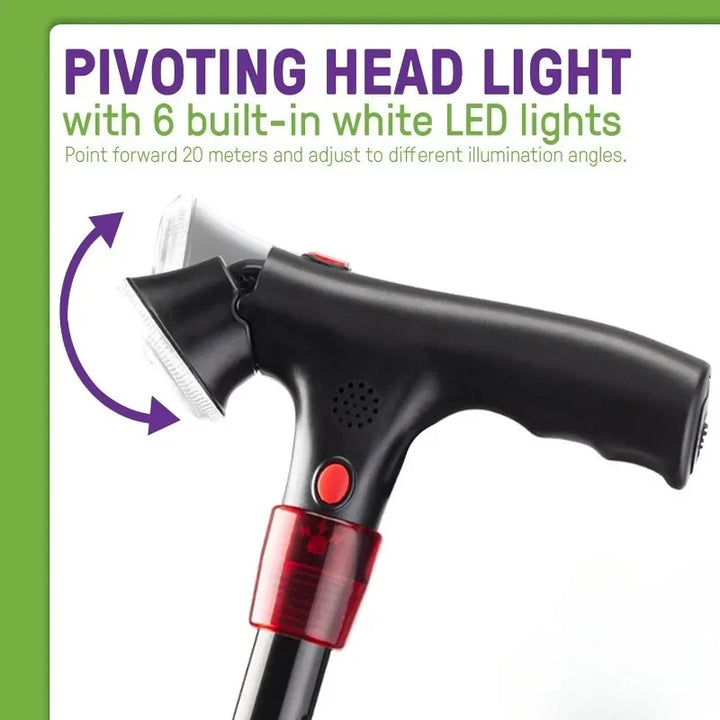 Premium Collapsible Telescopic Cane with LED Light & Alarm – Adjustable Elder Walking Stick with 4-Feet Base for Stability, 