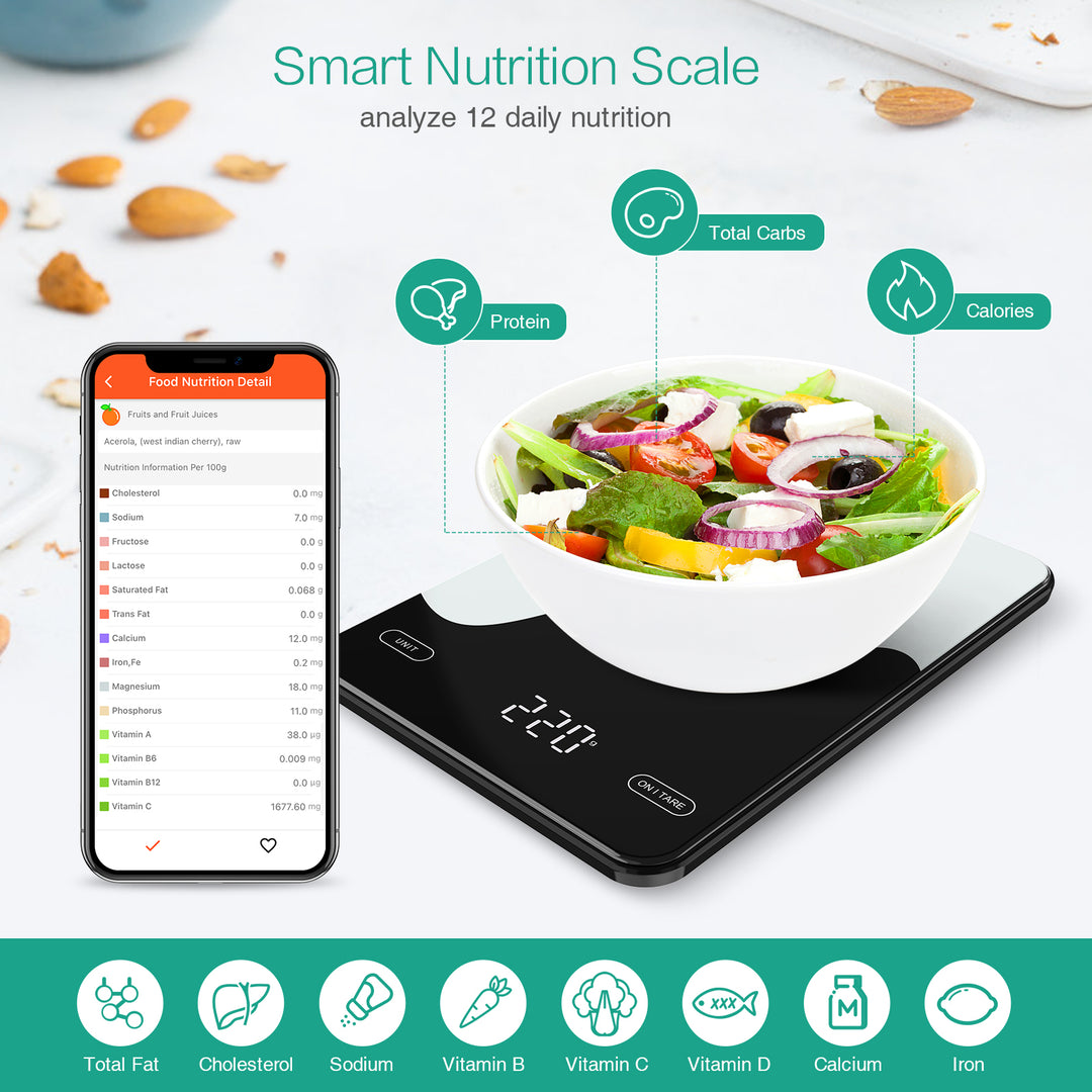 Premium Smart Digital Food Scale 10kg – Nutrition Calculator App, Rechargeable Kitchen Scale for Weight Loss, Baking, and 
